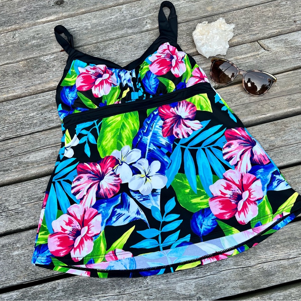 CARIBBEAN JOE BLACK TROPICAL FLORAL TANKINI